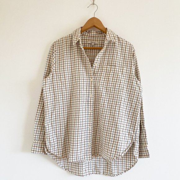 Madewell Tops - Madewell Flannel Oversized Ex-Boyfriend Plaid Shirt  Off-White, Brown, Blue Sz S